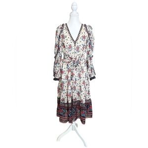 Ulla Johnson Romantic Silk Floral Dress Size 6 Swiss Dot V Neck Tie Waist